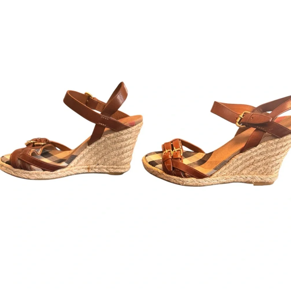 Burberry Tan Leather Check Canvas Espadrille Wedge Sandals Italy Size 35 in GUC